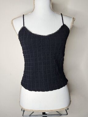 Vintage Womens Large Black Crinkle Tank Top Stretch Crop Lace Trim